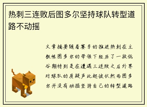 热刺三连败后图多尔坚持球队转型道路不动摇 热刺三连败后图多尔坚持球队转型道路不动摇