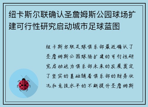 纽卡斯尔联确认圣詹姆斯公园球场扩建可行性研究启动城市足球蓝图