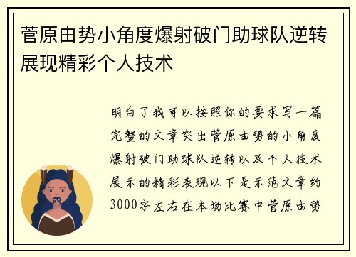 菅原由势小角度爆射破门助球队逆转展现精彩个人技术